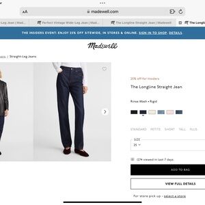 Madewell Longline Denim Straight Leg Jeans Dark Wash - Brand New Size 25